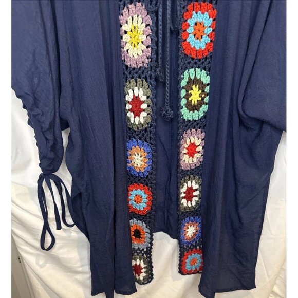 Entro Women’s Colorful Crochet Trim Tie Open Front Kimono Duster Cardigan Sz M - Picture 3 of 10